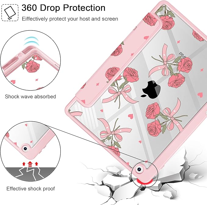 Case for iPad 9th/ 8th/ 7th Generation 10.2-Inch Case(2021/2020/2019 Release) [Built in Pencil Holder] Trifold Stand Auto Wake/Sleep Clear TPU Protection Back Cover Rose Bows