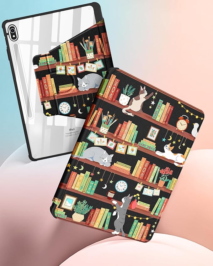 for Samsung Galaxy Tab S10 Fe Case - Tab S9 Fe/S9 Case with Pencil Holder Women Girls Cute Girly Pretty Cat and Book Unique Aesthetic Design Teens Rotating Tablet Cases Cover