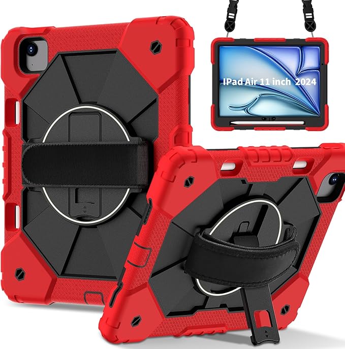 tab case for iPad Air 11 inch (M2) 2024 Shockproof Protective Case with 360° Rotate Kickstand/Hand Strap/Shoulder Strap for iPad Air 6th Generation CaseRed+Black