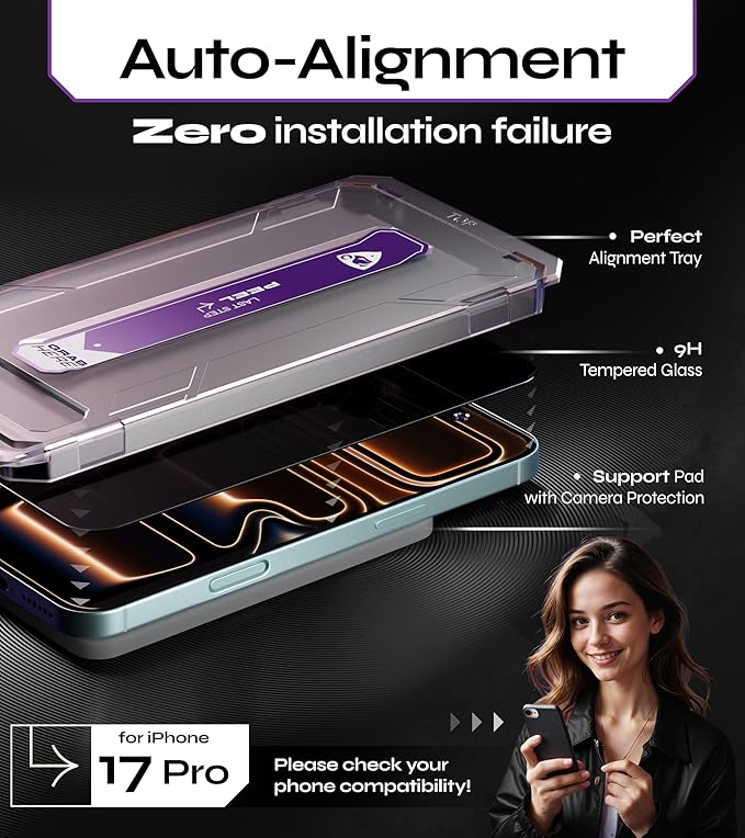 Defenslim for iPhone 17 Pro Privacy Screen Protector (2Pack) 6.3 Tempered Glass 9H Hardness Case Friendly Easy Auto-Dust &ampPrivacy Protection SpyShield