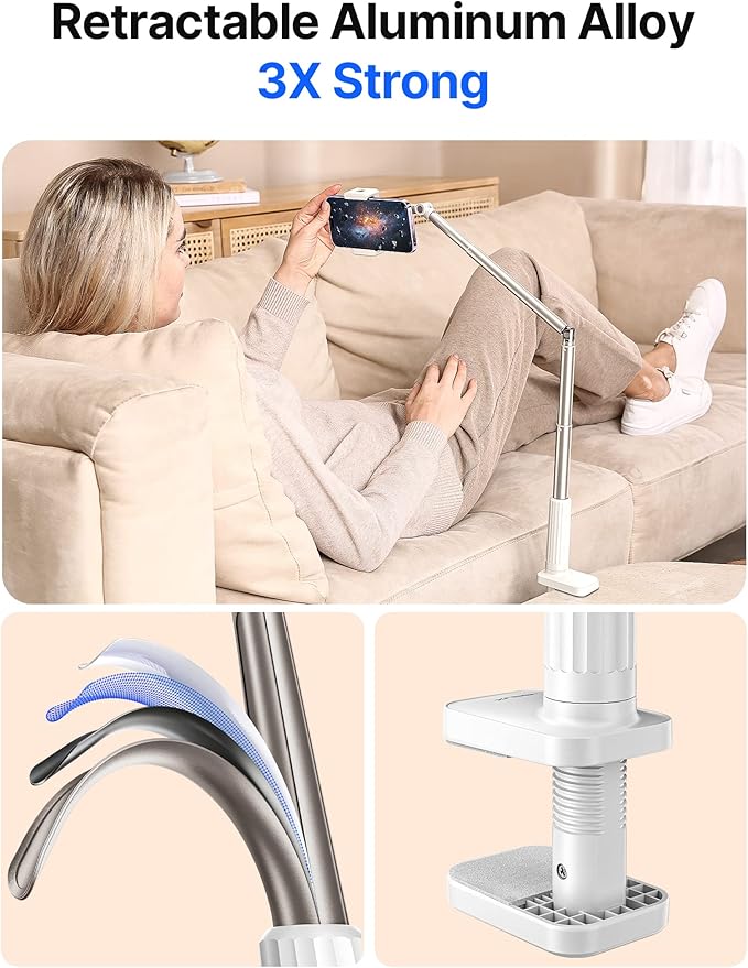 JSAUX Phone Holder for Desk and Bed Compatible with iPhone 16 15 14 13 12 Overhead Phone Mount Gooseneck Phone Stand Flexible 360 Lazy Long Arm Clamp Clip for Table Bedside [1-Pack White]