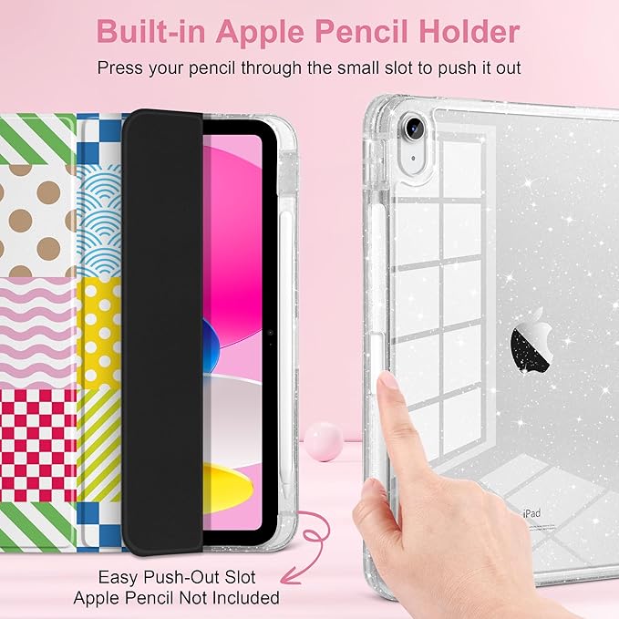 MEEgoodo Case for iPad A16 11th Generation 2025/10th Generation 2022 Glitter Tablet Cases with Transparent Acrylic Back+Trifold Stand +Pencil Holder+Auto Wake/SleepChecked &amp Striped &amp Wave