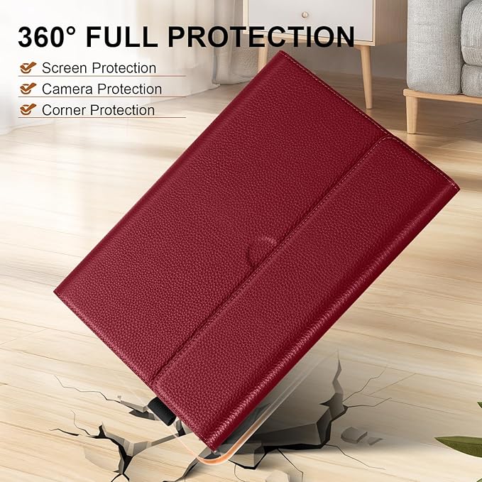 Genuine Leather Case for 13 inch Microsoft Surface Pro 11/10/9 | Slim Protective Cover with Adjustable Stand Auto Wake/Sleep Premium Leather | Wine Red