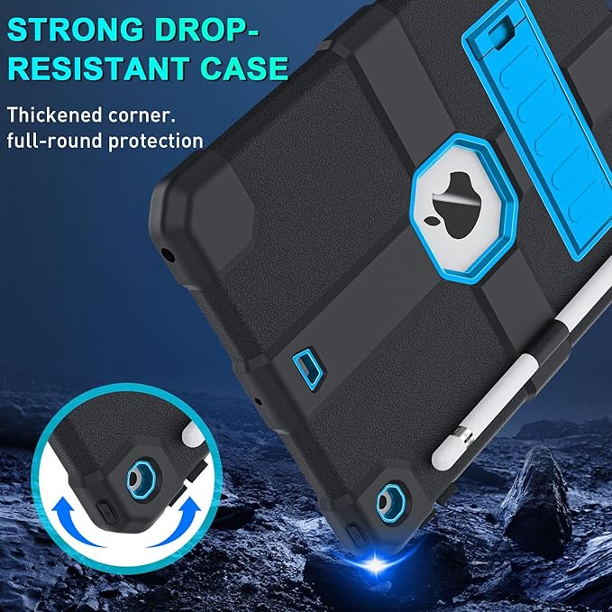 Case for iPad 9th/8th/7th Generation 2021/2020/2019(10.2 inch) Heavy Duty Shockproof Rugged Protective 10.2 Cover with Built-in Stand for iPad 9 8 7 Gen(Black+Blue)