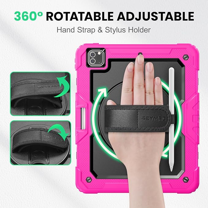 SEYMAC Kids Case for iPad Pro 12.9 2022/2021/ 2020/2018 Heavy Duty Protection Shockproof Case with Screen Protector 360° Rotating Stand/Handle/Shoulder Strap Supports Pencil 2 Charging Pink