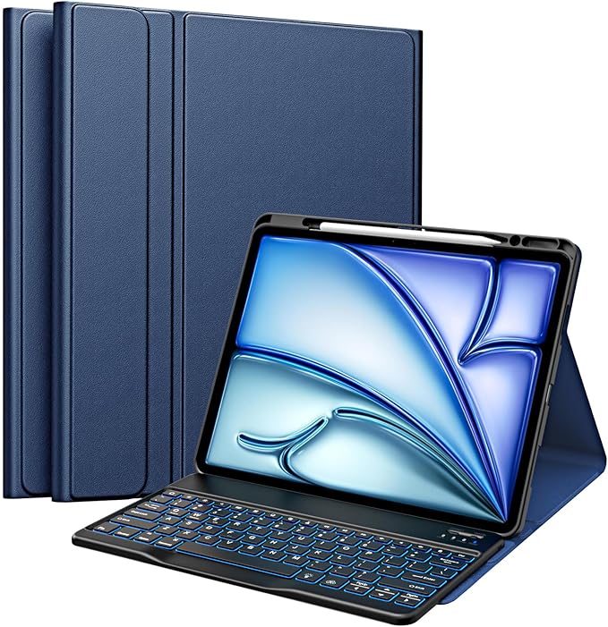 MoKo for iPad Air 13 Inch Case with Keyboard (M4 2026/ M3 2025/M2 2024) iPad Pro 12.9 inch (5th/6th Gen) Case with 7 Colors Backlit Pencil Holder Multi-Angle Detachable Bluetooth KeyboardNavy Blue