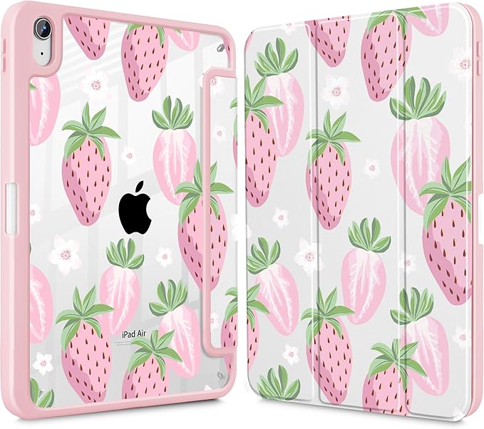 May Chen Case for iPad Air 13 Inch M4 2026 M3 2025 M2 2024 [Built-in Pencil Holder] Shockproof Cover with Clear Transparent Back Shell Auto Sleep/Wake Cover Strawberries