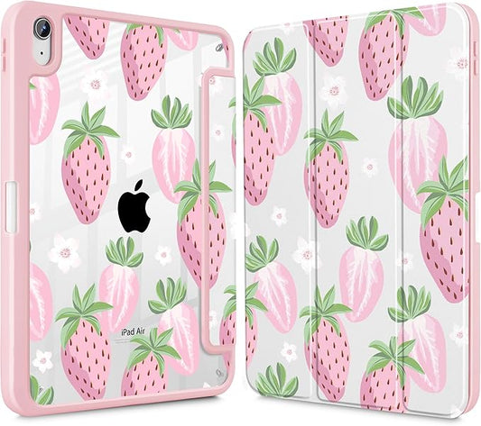 May Chen Case for iPad Air 13 Inch M4 2026 M3 2025 M2 2024 [Built-in Pencil Holder] Shockproof Cover with Clear Transparent Back Shell Auto Sleep/Wake Cover Strawberries