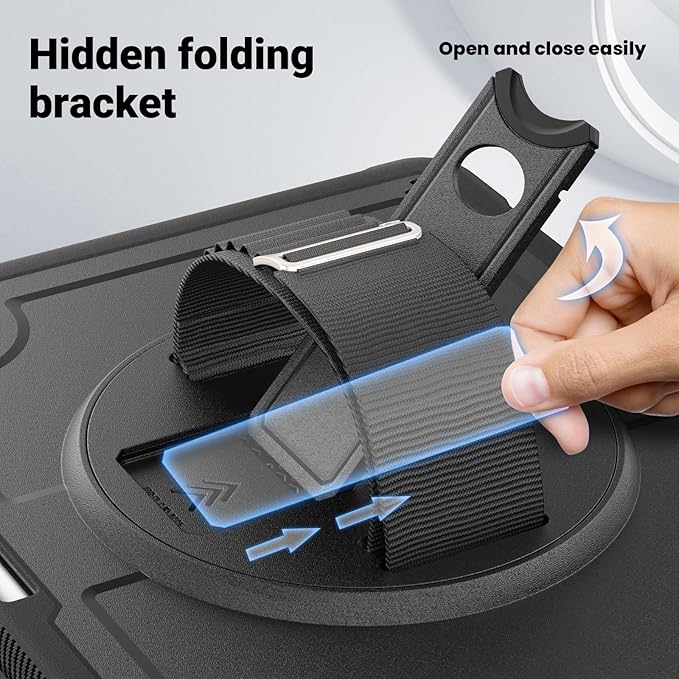 Batianda Case for iPad Air 13-inch 2025 M3 2024 M2 Chip Multilayered Rugged Durable Shockproof Tablet Cover with 360° Rotating Hand Strap Foldable Hidden Stand Black