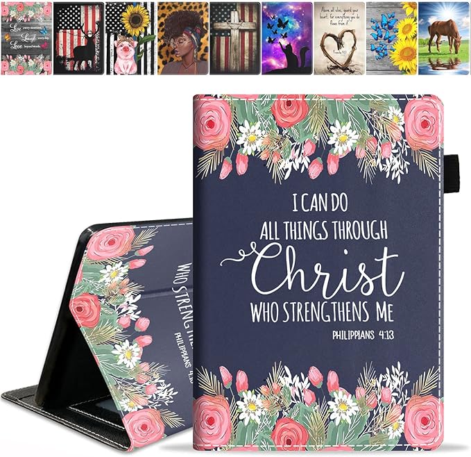 Case for Amazon Kindle Fire HD 8 &amp Fire HD 8 Plus Tablet (12th/10th Gen 2022/2020 Release) Premium PU Leather Stand Cover with Smart Auto Wake Floral Quote Bible Verse Philippians 4:13