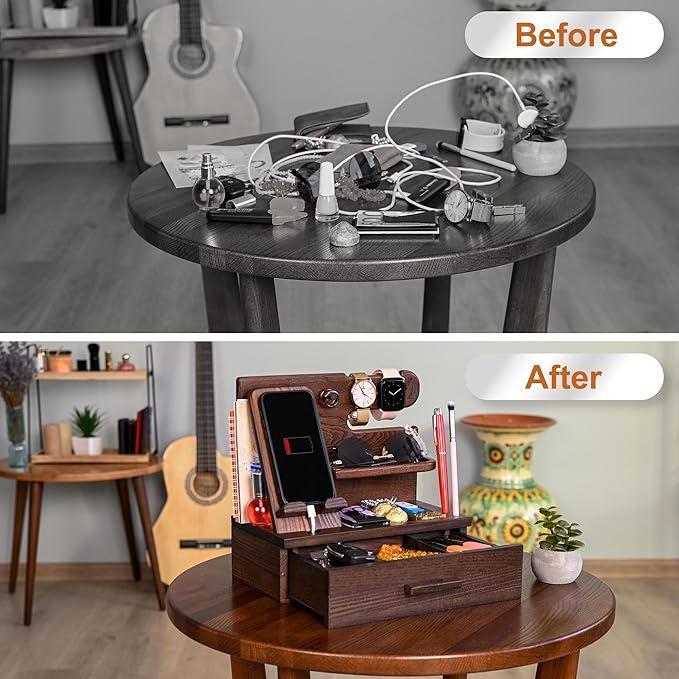 TESLYAR Wood Phone Docking Station with Drawer - Nightstand Organizer - Desk Organizer for Husband - Birthday Gifts for Men Dad Anniversary Idea Key Holder Stand Watch &amp Accessories (Bourbon Br