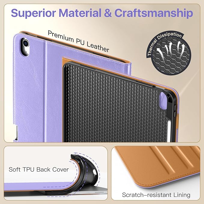 MoKo Case for iPad Air 13-inch (M4) 2026 / (M3) 2025 / (M2) 2024 with Pencil Holder &amp Hand Strap &amp Pocket Premium Leather Folio Stand Cover Multiple Viewing Angles Light Purple