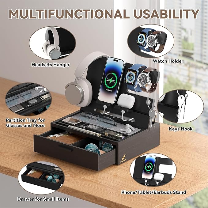 Pezin &amp Hulin Wooden Charging Station Bedside Nightstand Tray with Spacious Drawer Felt Pads for Phones Watch Idea Gifts for Him Birthday Son Christmas for Papa Fathers Day