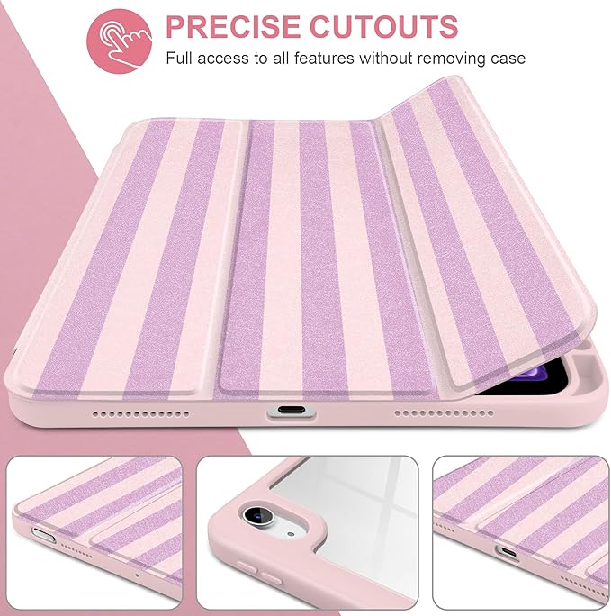 DONGKE Case for iPad Air 11-inch M4 2026 &amp M3 2025 &amp M2 2024 iPad Air 5th/4th Generation 10.9 2022/2020 [Built-in Pencil Holder] Clear Acrylic Back Trifold Stand Smart Cover Pink Stripes