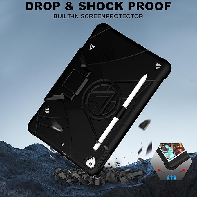 Case for iPad 9th/8th/7th Generation 10.2 inch Heavy Shockproof Cover with Screen Protector/180° Rotating Handle/Bracket/Pen Holder/Shoulder Strap Kids Case for 2021/2020/2019 (D-Black)