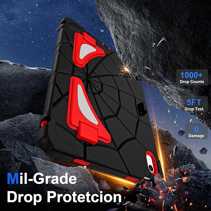 Kids Case for iPad 10th/11th Gen (10.9/11 Inch 2022/2025 A16) – Shockproof 360° Full-Body Protection Cover with Screen Protector Stand &amp Pencil Holder – Boys’ Anti-Drop Design-Black Red