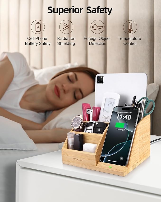 Bamboo Pen Holder with Wireless Charger Desk Organizer with 5 Compartments for Home Office Supplies Compatible with iPhone &amp Samsung Series