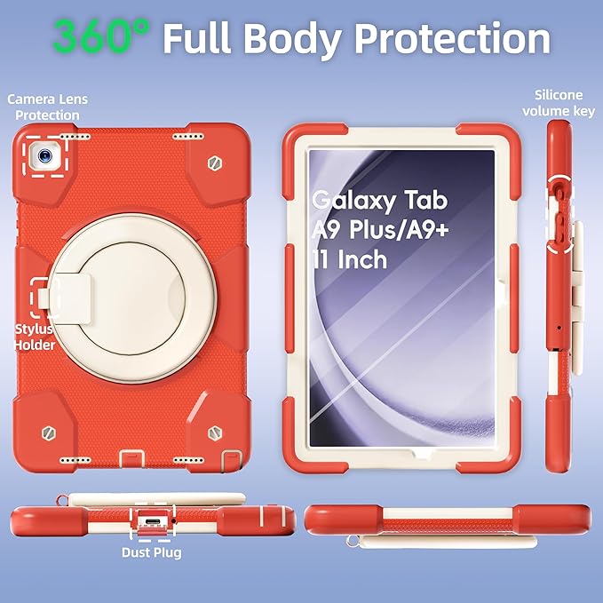 Case for Samsung Galaxy Tab A9+/A9 Plus Case 11 Inch with Screen Protector/360° Rotating Stand/Pen Holder/Shoulder Strap Shockproof Cover for Tablet A9+ 5g (Orange)