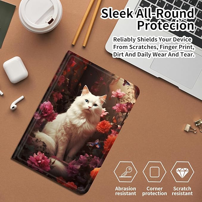 Case for iPad Air 11 (M3 2025 / M2 2024)/ iPad Air 6th/5th/4th Gen Case (2025/2024/2022/2020) 10.9 Inch PU Leather Smart Protective Cover with Auto Sleep/WakeWhite Cat Flower
