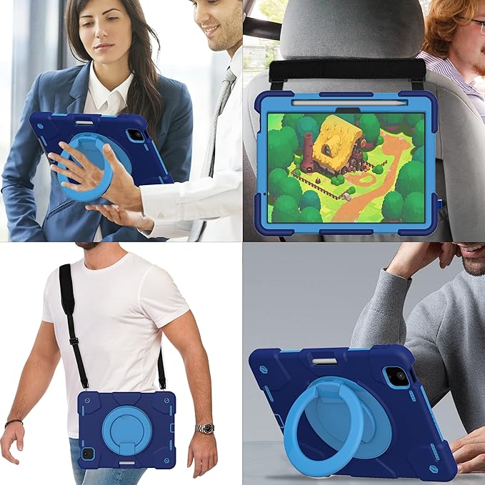 Case for iPad Air 11 inch Case M3 2025/ M2 2024 (Air 7th/6th Generation) Heavy Duty Shockproof Cover with Screen Protector 360° Rotating Stand Pencil Holder Shoulder Strap (Navy+Blue)