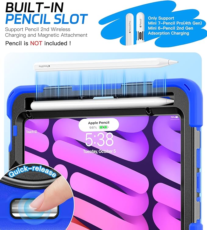 BRAECNstock Case for Apple iPad mini 7 (A17 Pro) 2024/ Mini 6 8.3 with Screen Protector Pencil Holder [360 Rotating Hand Strap] &ampStand Shockproof Protective iPad mini 7th/6th Gen Kids Case Bl