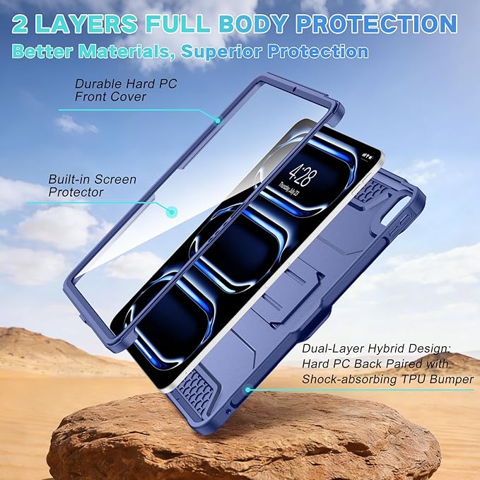 Soke Case for iPad Pro 11 Inch (M5) 2025/ (M4) 2024 with Built-in Screen Protector &amp Kickstand Rugged Full Body Heavy Duty Protective Cover with Pencil Holder - Navy