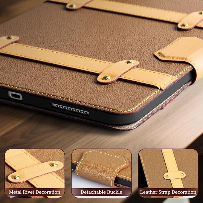 iPad Case for iPad Pro 13 Inch (M5/M4) 2025/2024Leather Folio Cover with Pencil HolderAuto Wake/SleepAdjustable StandDetachable Magnetic Closure Protection Case-Multiple Straps Yellow Brown