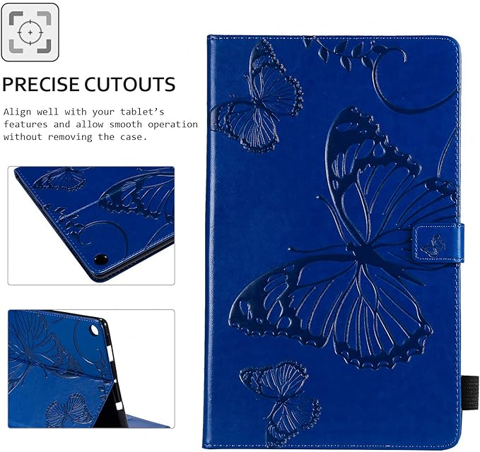 Wallet Case for Fire HD 10 (9th/7th/5th Generation 2019/2017/2015) Techcircle Butterflies Embossed Stand Folding Cover with Card/Cash Holder for Amazon Fire HD 10.1 Tablet Auto Sleep/Wake Navy