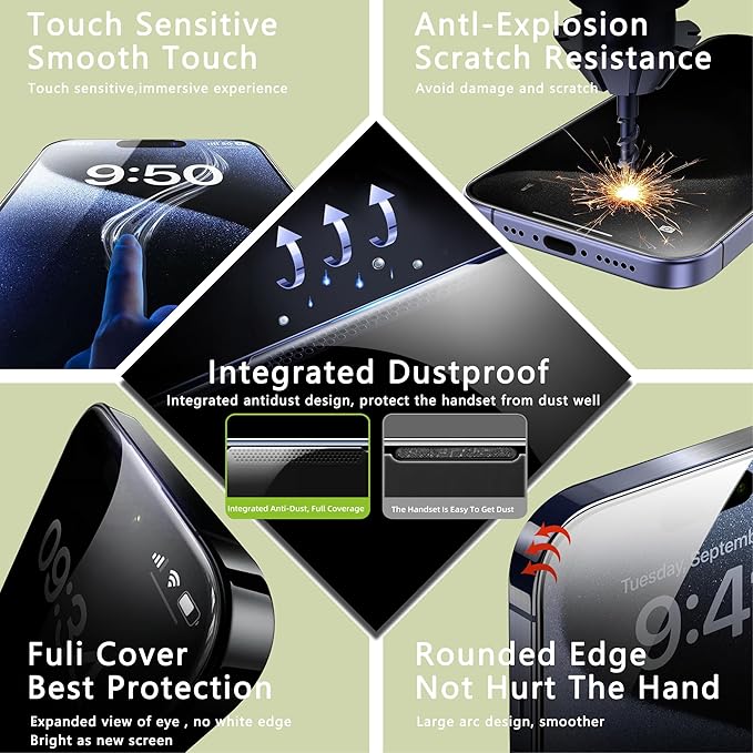 (2-Pack Matte Privacy Anti-Spy Screen Protector for iPhone 15 Pro Max (6.7-Inch)9H Tempered GlassAnti-GlareFull CoverageAnti-FingerprintAuto Dust RemovalBubble-Free