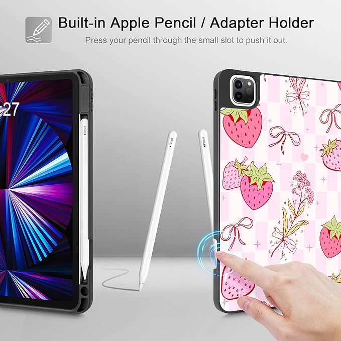 May Chen Case for iPad Pro 11 inch (4th 3rd 2nd &amp 1st Gen) 2022 2021 2020 2018Trifold Stand with Auto Wake/Sleep Soft TPU Protective Stand Back Cover Strawberry Bow