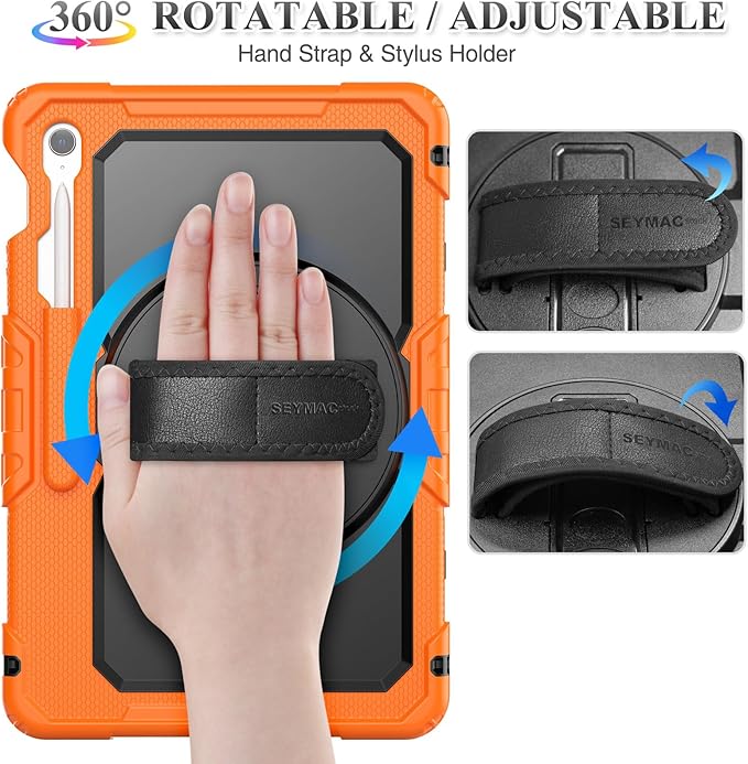 SEYMAC stock Case for Samsung Galaxy Tab S10 FE+ Plus 5G Tablet Case 13.1'' Protective with Screen Protector Pen Holder 360 Rotate Stand Hand Strap Shoulder Strap Orange1