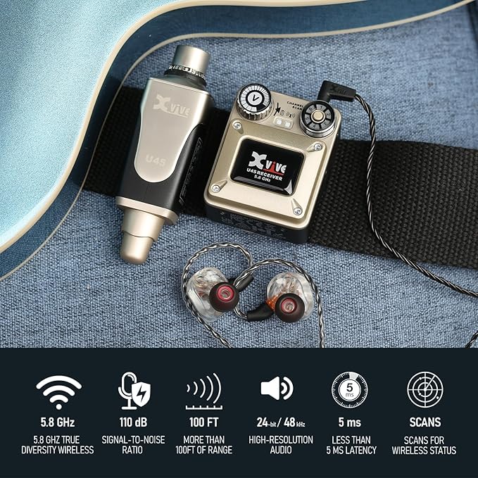 Xvive U45T9 Wireless in Ear Monitor System 5.8ghz with T9 2BA Drivers IEM Earphone IEM System Transmitter and Bodypack Receiver for Studio Band Rehearsal Live Performance Channel Scan Mode