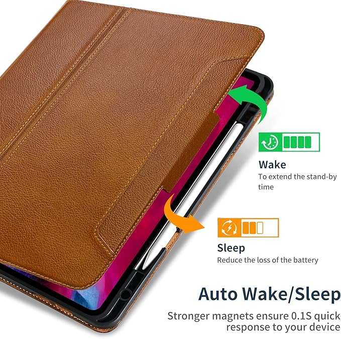 Gexmil Case for iPad Pro 11 Inch4th/3rd/2nd/1st Generation(2022/2021/2020/2018) Genuine Leather Cover with Pencil HolderCowhide Folio CoverAuto Sleep/Wake Magnetic ClosureBrown
