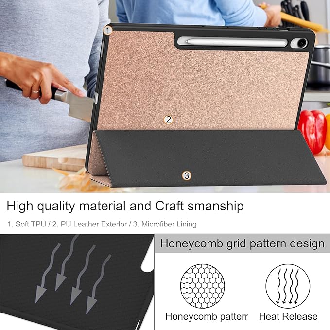 Case for Samsumg Galaxy Tab S10 FE+/S10 FE Plus 13.1 Inch 2025 (Model: SM-X620/SM-X626B) Trifold Stand Cover with S Pen Holder [Auto Wake/Sleep] PU Leather + Soft TPU Bumper Shell Rosegold