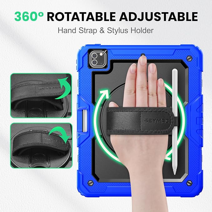SEYMAC Case for iPad Pro 12.9 2022/2021/ 2020/2018 Heavy Duty Protection Shockproof Case with Screen Protector 360° Rotating Stand/Handle/Shoulder Strap Supports Pencil 2 Charging Blue