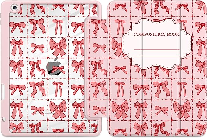 DONGKE for iPad 9th/8th/7th Generation Case 10.2 Inch (2021/2020/2019) [Auto Sleep/Wake &amp Pencil Holder] Clear Acrylic Back Trifold Stand Cover Bow Composition Book
