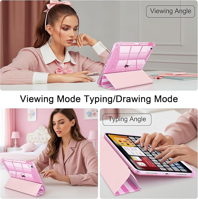 TWOLSKOO Sparkly Case for iPad Pro 11 inch (M5 2025 / M4 2024) Glitter Hard Acrylic Back with Pencil Holder Slim Trifold Stand Folio Cover Auto Sleep/Wake Pink Stripes