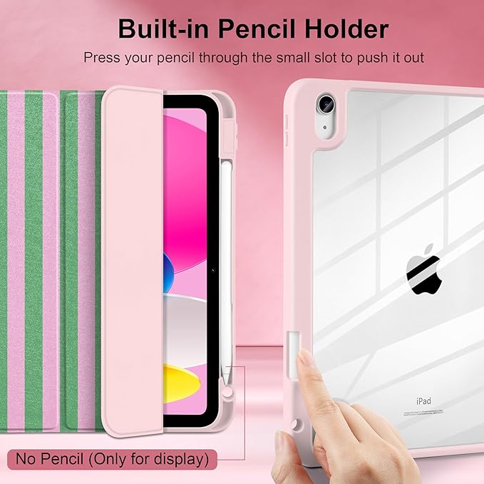DONGKE Case for iPad (A16) 11th Generation 11 inch 2025 &amp iPad 10th Gen 10.9 inch 2022 [Built-in Pencil Holder] Clear Acrylic Back Trifold Stand Smart Cover Auto Sleep/Wake Green Stripes