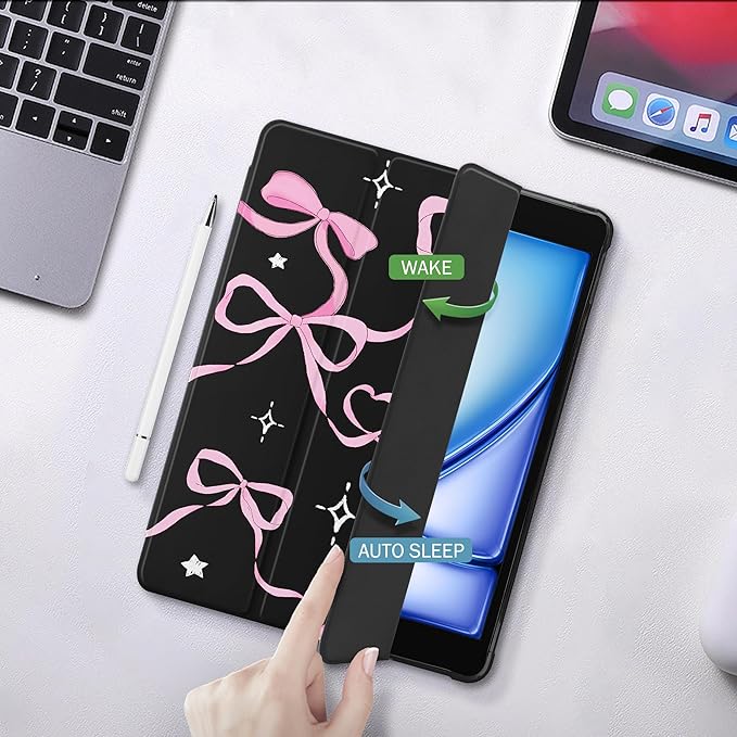 Idocolors Case for iPad 11 inch (A16 Chip) 2025 Generation 11th / iPad 10.9 inch 2022 10th Gen Built-in Pencil Holder with Soft TPU Shockproof Back Shell Auto Wake/Sleep Pink Ribbon Bow-Black