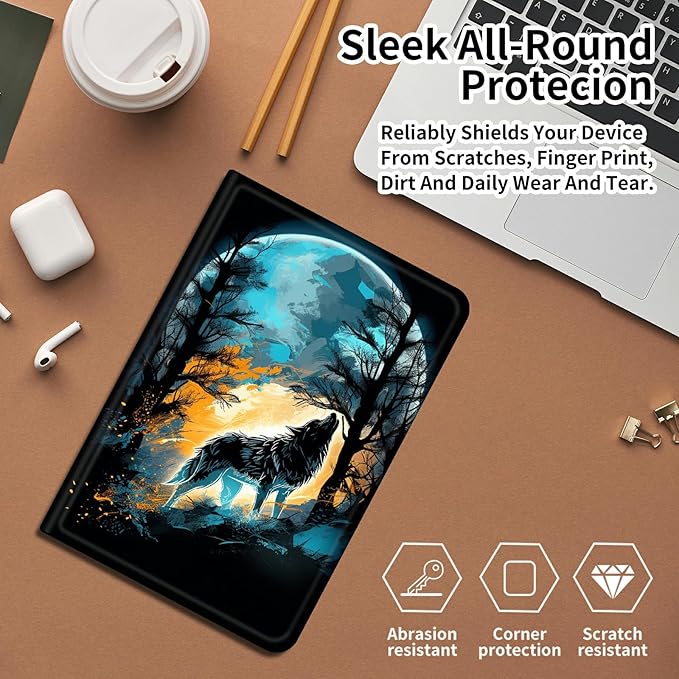 DIGTIALLL Case for iPad A16 11th Generation 11 inch 2025 / i10th Generation 10.9 Inch 2022 PU Leather Smart Premium Stand Protective Cover with Auto Sleep/WakeWolf Howling Moon