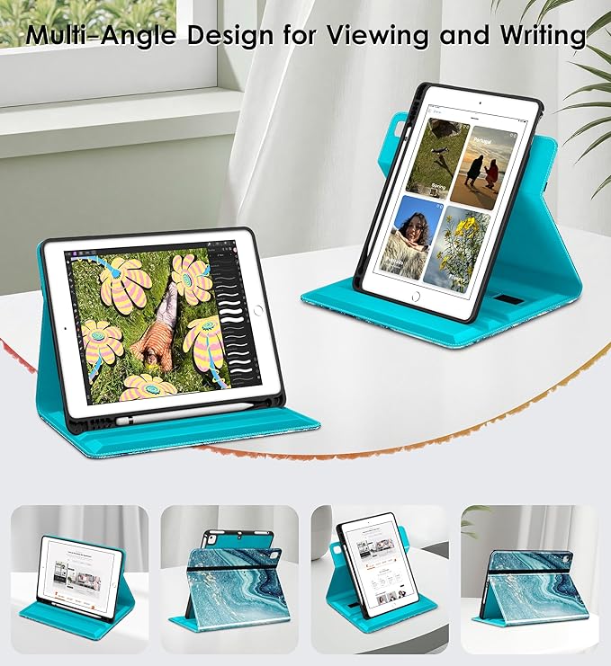 DTTO for iPad 6th / 5th Generation 9.7 Inch (2018/2017) iPad Air 2 / Air 1 Case 360 Degree Rotating Premium Leather Folio Stand Cover with Pencil Holder Sandy Wave
