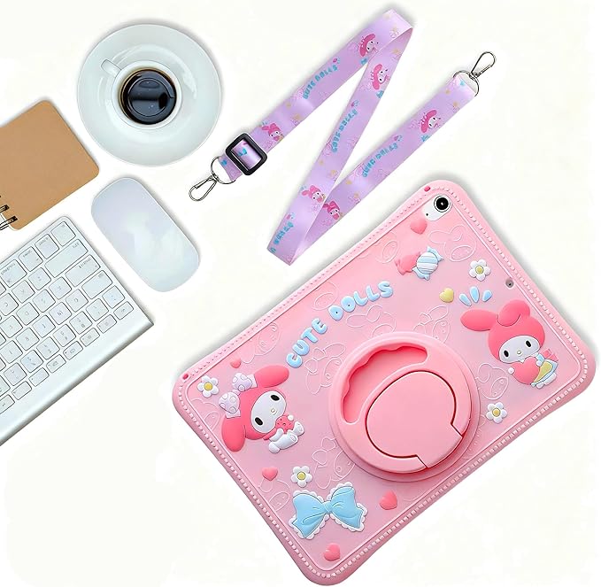 Kids Tablet Case for Samsung Galaxy Tab A9 Plus 11 Inch 2023 Model A9+ (SM-X210/X216/X218) Cute 3D Cartoon Soft Silicone Cover with Rotating Stand &amp Adjustable Strap Protective Pink Girls Cover