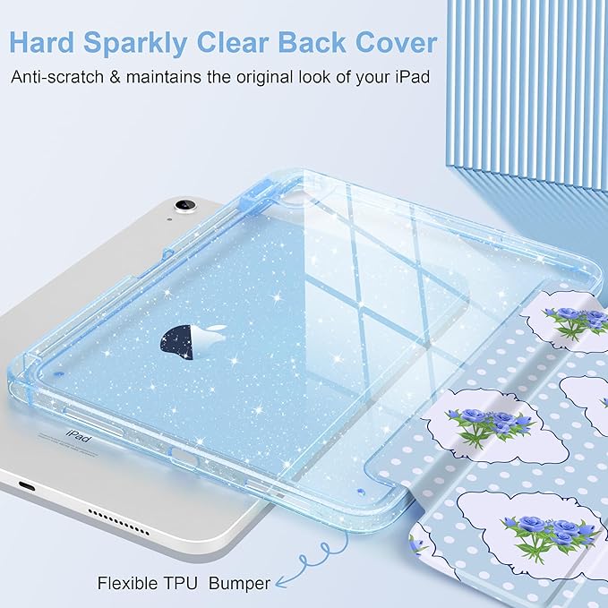 MEEgoodo Case for iPad A16 11th Generation 2025/10th Generation 2022 Glitter Tablet Cases with Transparent Acrylic Back+Trifold Stand +Pencil Holder+Auto Wake/SleepRoses &amp Blue Polka Dots