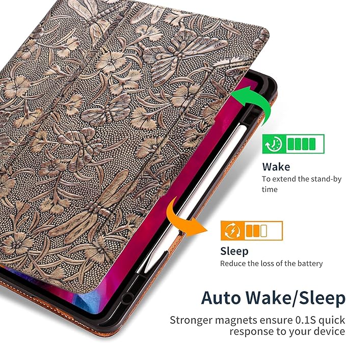 Gexmil Case for iPad Pro 11 Inch4th/3rd/2nd/1st Generation(2022/2021/2020/2018) Genuine Leather Cover with Pencil HolderCowhide Folio CoverAuto Sleep/Wake Anti SlipButterfly Pattern