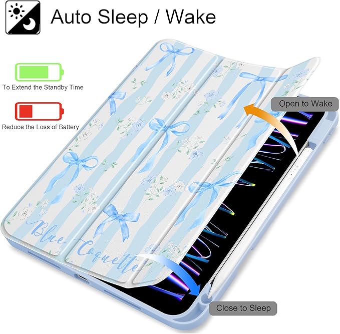 May Chen for iPad Pro 11 inch M2 4th Generation 2022 iPad Pro 11 3rd/2nd/1st Gen Built-in Pencil Holder with Shockproof Cover Clear Transparent Back Shell Auto Wake/Sleep Flower Blue Waves