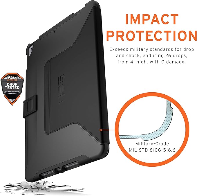 URBAN ARMOR GEAR UAG Designed for iPad 10.2 Case Black 9th Generation 2021 &amp 8th Gen 2020 w/Hand Strap Thin Slim Military Drop Tested Durable Protective w/Stylus &amp Pencil Holder Scout Series