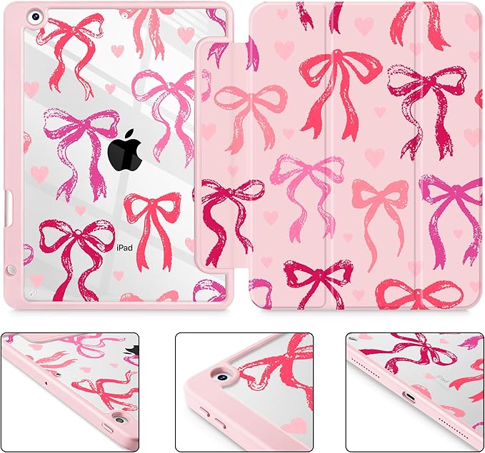 May Chen for iPad 9th Generation with Pencil Holder iPad 8th/7th Gen Case 10.2-inch [Penceil Holder] Trifold Stand Auto Wake/Sleep Clear TPU Protection Back Cover Bow Ribbon