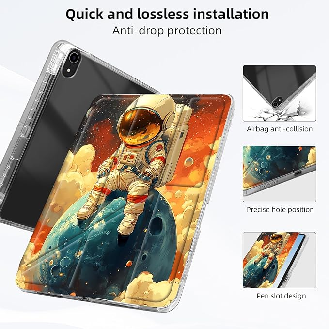 for iPad A16 (11th Generation) Case with Pencil Holder Foldable Y-Shaped Protective Cover Stylish Clear Multi-Angle Viewing &amp Auto Sleep/Wake Astronaut on Planet Tablet Case