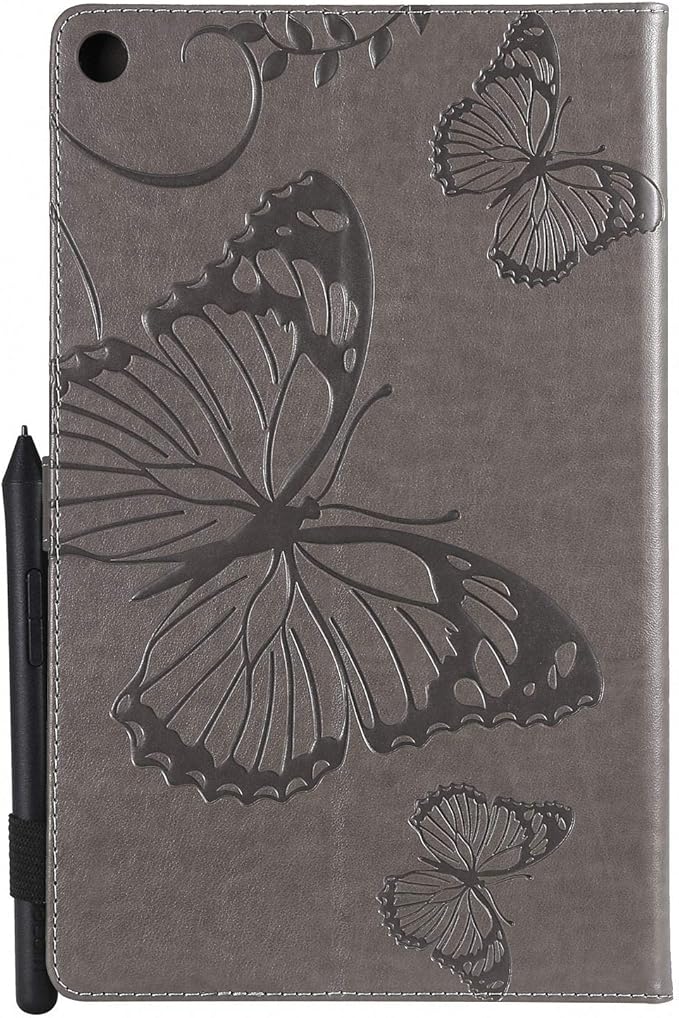 Kindle Fire HD 10 Tablet 2019/2017 Case 9th/7th Generation 10.1 with Pencil Holder Pockets [Auto Sleep/Wake] Folio Stand Embossed PU Leather Magnetic Smart Wallet TPU Cover Gray Butterfly