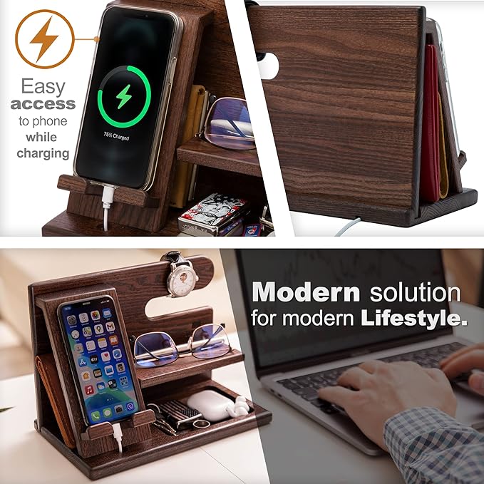TESLYAR Wood Phone Docking Station for Men - Desktop or Nightstand Organizer - Birthday Gifts for Men Dad - Anniversary Idea from Wife - Key Holder Stand Wallet Watch &amp Essentials (Bourbon Brow